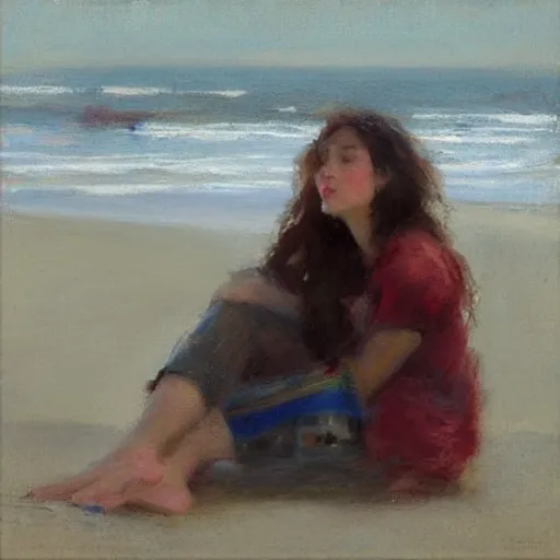 Image similar to “ a girl sitting on rockaway beach drinking a can of beer, morning light, by daniel gerhartz ”