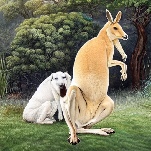Prompt: a Muscular kangaroo and a very cute white rural retriever photograph, garden, highly detailed, high quality, award winning