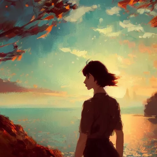 Prompt: very very very aesthetic cinematic stunning portrait of a woman in a serene environment by Antoine Blanchard and Makoto Shinkai, artstation, art deco, cinematic lighting, dreamlike