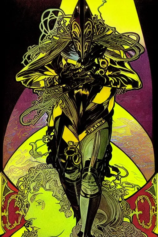 Image similar to black and yellow technicolor color risoprint, alphonse mucha, richard corben, wayne barlowe, moebius, heavy metal comic cover art, psychedelic triangular lich in heavy shoulders armor, very intricate, thick outline, full body, symmetrical face, long black crown, in a shapes background, galactic dark colors