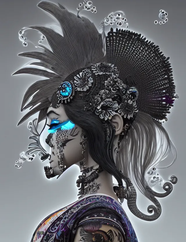 Image similar to 3 d goddess close - up profile portrait punk with mohawk with ram skull. beautiful intricately detailed japanese crow kitsune mask and clasical japanese kimono. betta fish, jellyfish phoenix, bio luminescent, plasma, ice, water, wind, creature, artwork by tooth wu and wlop and beeple and greg rutkowski