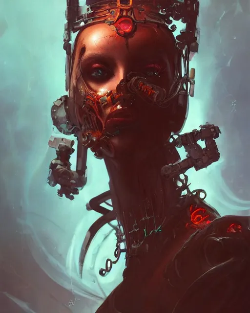 Prompt: portrait of a nightmarish cybernetic Queen of hell, cyberpunk concept art by Peter Mohrbacher and seb mckinnon and Beksiński and FrancisBacon, digital art, highly detailed, intricate, sci-fi, sharp focus, Trending on Artstation HQ, deviantart, unreal engine 5, 4K UHD image