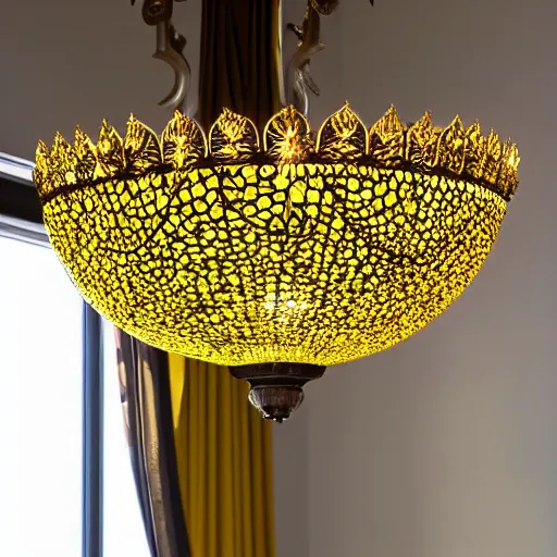 Image similar to chandelier in the shape of a sun with yellow accents designed by tiffany, advertising photography, luxury home design