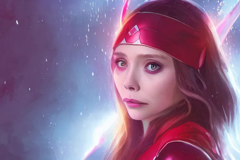 Image similar to elizabeth olsen as scarlet witch, single subject, scenic full shot, ambient lighting, detailed face, by makoto shinkai, stanley artgerm lau, wlop, rossdraws