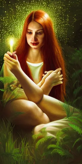 Prompt: young woman, smiling, amazed by golden fireflies lights, sitting in the midst of nature fully covered, long loose red hair, intricate linework, green eyes, small nose with freckles, oval shape face, realistic, expressive emotions, dramatic lights, spiritual scene, hyper realistic ultrafine art by cecco del caravaggio and albert bierstadt and artgerm