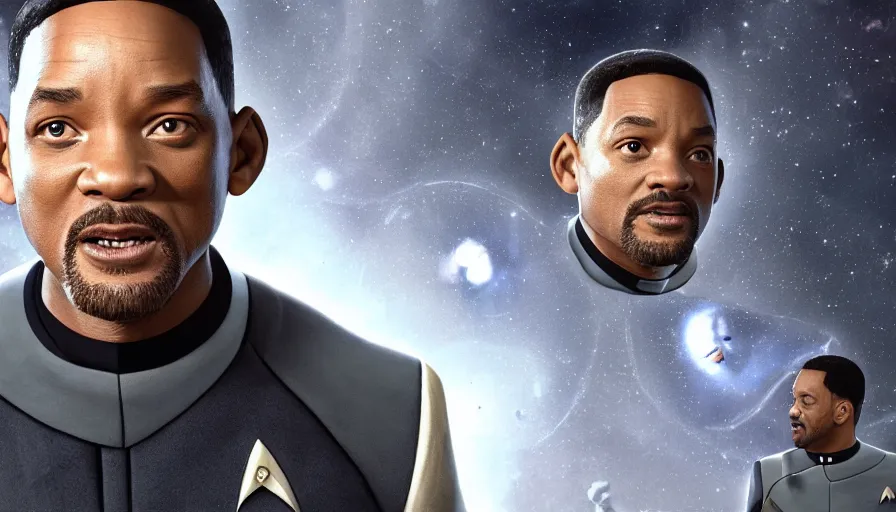 Image similar to will smith in star trek, grey background, hyperdetailed, artstation, cgsociety, 8 k