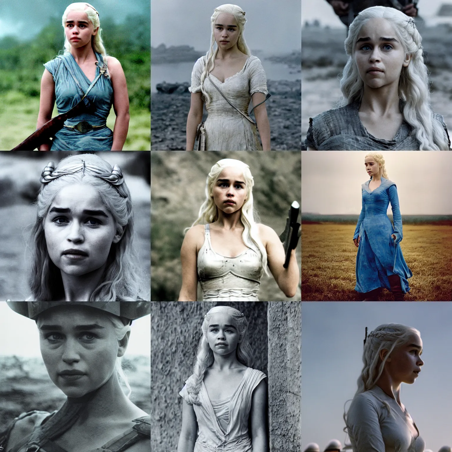 Prompt: daenerys targaryen as a soldier in vietnam, film still, portrait, kodak, blue tint