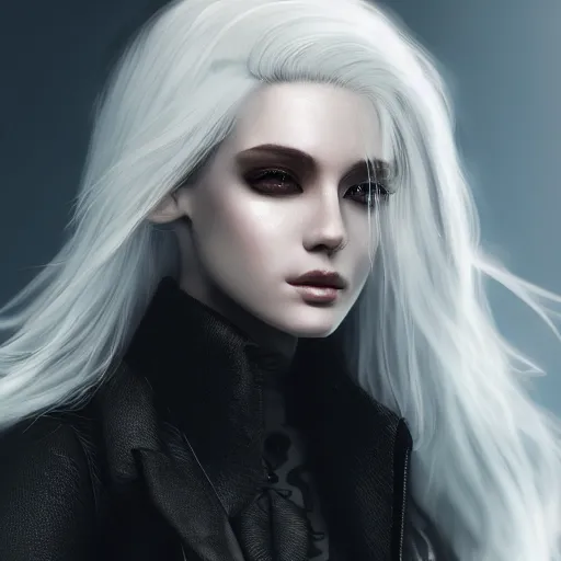 Image similar to highly detailed portrait of beautiful white haired android female, wearing a black jacket, very beautiful face, very detailed eyes, intricate, cgsociety, cinematic studio lighting