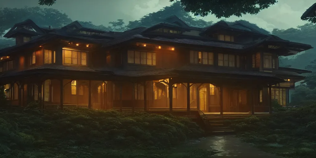 Image similar to twilight lighting, moody, atmospheric, solarpunk, old traditional filipino sleek modern mansion made of wood in a green garden, with a front porch, on the lonely hill by ghibli studio and victor ngai, ghost in the shell, akira, pixar highly detailed, 8 k h 5 7 6