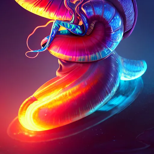 Image similar to beautiful colorful snail, magic of fire and magic of ice. occult cyberpunk, ancient futuristic, dark art, occult. by Petros Afshar, by artgerm, by Eddie Mendoza, by Peter mohrbacher, octane render, 3d, unreal engine, depth of field, bokeh, motion blur, blur