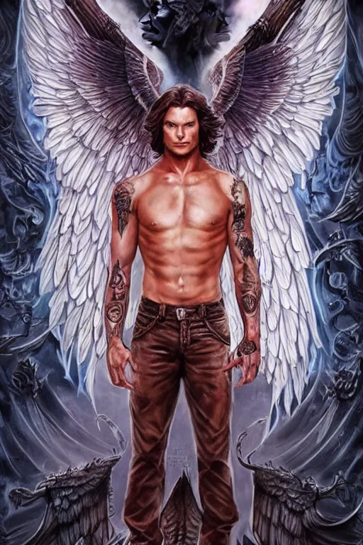 Image similar to handsome! Sam Winchester as a muscular angel wings wide open whole body tattooed with runes and religious symbols, urban fantasy romance book cover, D&D!, fantasy style, sharp focus!, ultra detailed, art by Artgerm and Peter Andrew Jones, WLUP