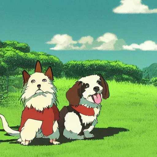 Prompt: dogs on green landscape by hayao miyazaki, studio ghibli