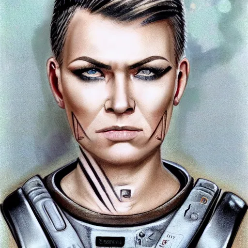 Image similar to character concept art of heroic stoic emotionless butch blond handsome woman space explorer with detailed tribal chin tattoos, dirty and injured, very short slicked - back butch hair, no - makeup, narrow eyes, wearing atompunk jumpsuit, orange safety vest, retrofuture, highly detailed, science fiction, illustration, oil painting, realistic, lifelike, pulp sci fi, cinematic