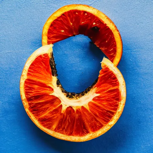Prompt: A blue orange sliced in half laying on a blue floor in front of a blue wall