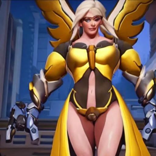 Image similar to a screenshot of arnold schwarzenegger as mercy in overwatch, full body shot