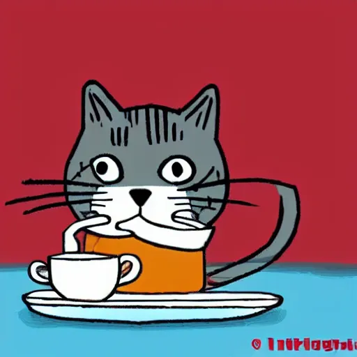 Image similar to A cat sipping coffee, cartoon