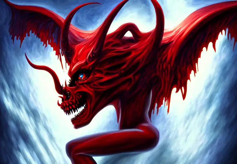 Image similar to demon afraid of an angel painting, good vs evil, highly detailed, digital painting, smooth, beautiful angle, weak demon, sharp focus, illstration, ultra realistic, dmon vs angle, heaven vs hell, 8 k, screaming demon, confident angle