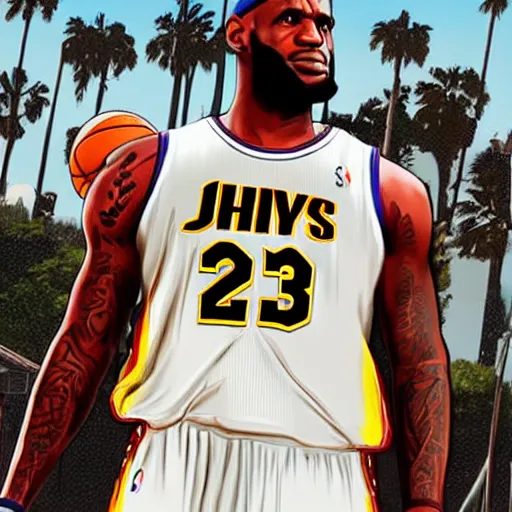 Image similar to lebron james as gta v cover art, sharp details, sharp focus