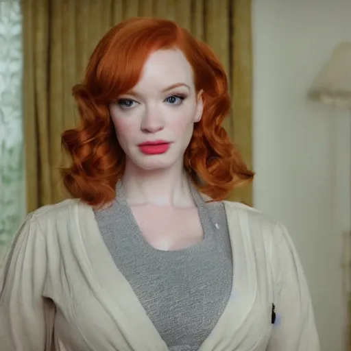 Image similar to amazing beautiful Christina Hendricks with puffy lips in the living room, film still from the movie directed by Denis Villeneuve , wide lens