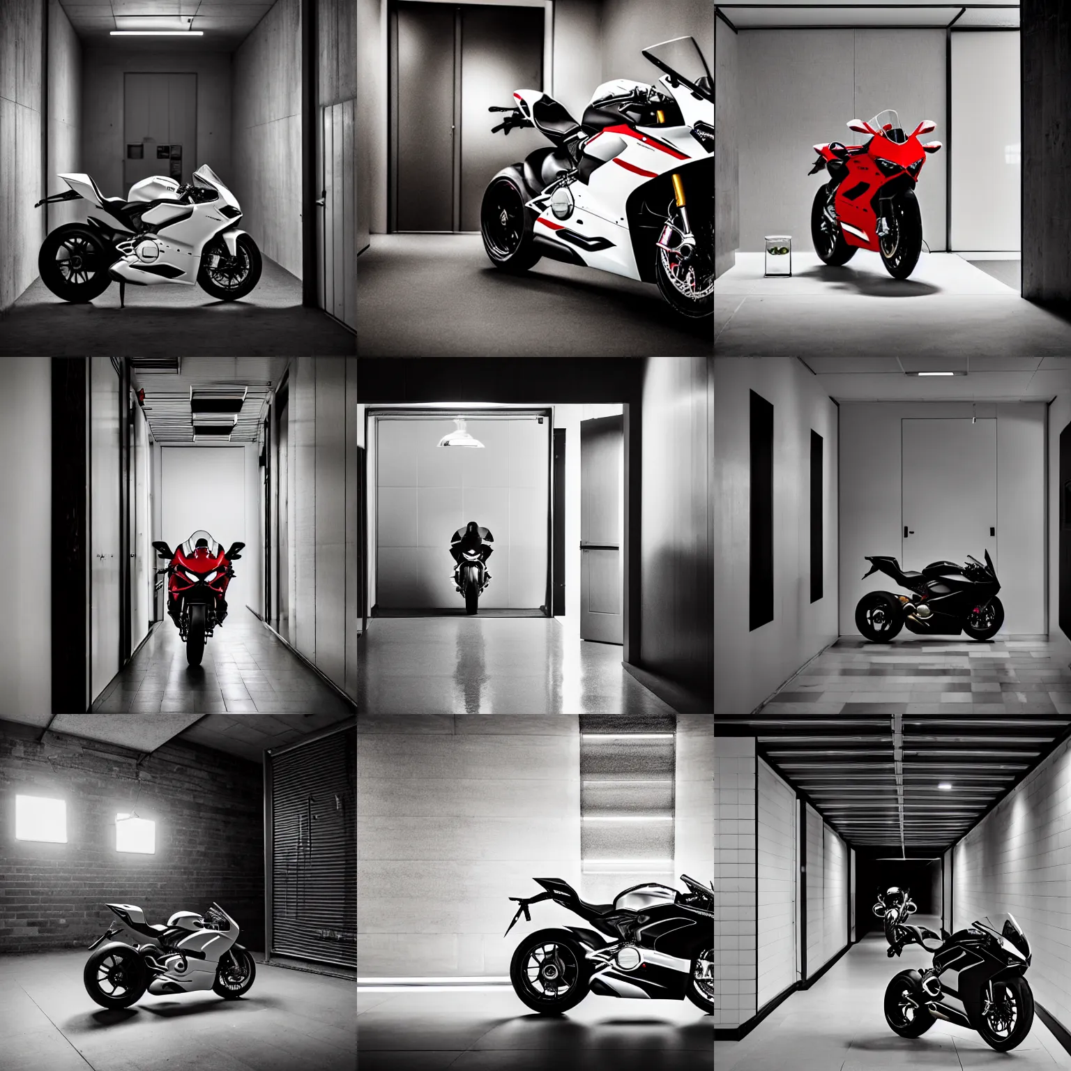 Prompt: a huge 2 0 1 9 ducati panigale v 4 standing in the corridor to a cozy kitchen, in the dark, candles around it, white tile on the floor, by paolo pellegrin, by trent parke, prize winning photo, cinematic