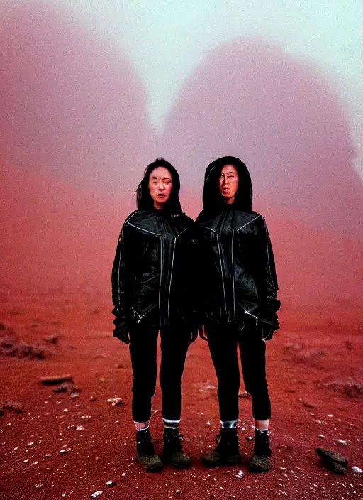 Image similar to cinestill 5 0 d photographic portrait of two loving clones, beautiful women wearing rugged black techwear on a desolate plain with a red sky, extreme closeup, diverse species, cyberpunk style, in front of a brutalist dark metal facility, dust storm, 3 5 mm, 8 k, f / 3 2, high resolution, ultra realistic faces