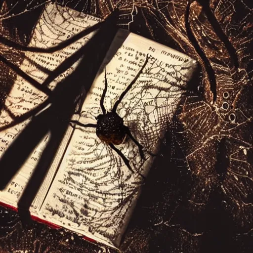 Image similar to very old and dusty diary book, covered with spider webs, nostalgic scene, candle light, warm light