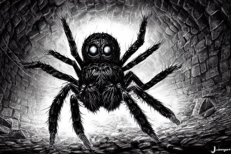 Prompt: a monstrous spider in a dark tunnel, cobwebs, atmospheric, in the style of jeff easley, dramatic lighting, low angle, wide angle, hyper - realistic, highly detailed digital art