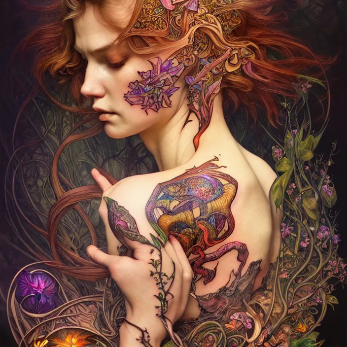 Prompt: psychedelic mushroom tattoo, diffuse lighting, fantasy, intricate, elegant, highly detailed, lifelike, photorealistic, digital painting, artstation, illustration, concept art, smooth, sharp focus, art by John Collier and Albert Aublet and Krenz Cushart and Artem Demura and Alphonse Mucha