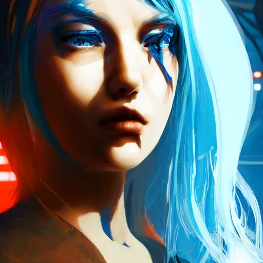 Prompt: a digital painting of a woman with blue hair, cute - fine - face, pretty face, cyberpunk art by sim sa - jeong, cgsociety, synchromism, detailed painting, glowing neon, digital illustration, realistic shaded perfect face, extremely fine details, by realistic shaded lighting, dynamic background, poster