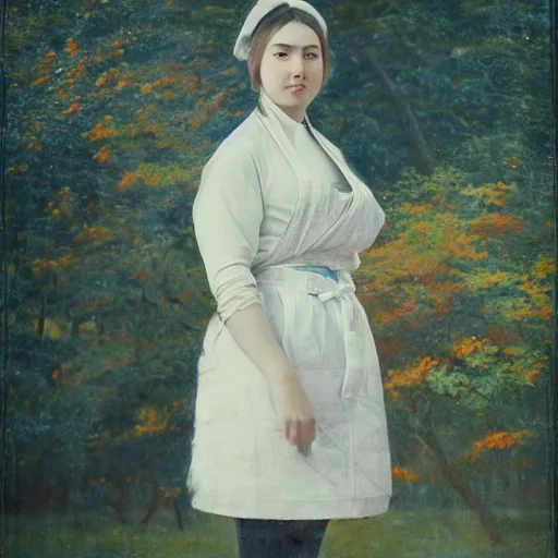 Image similar to a beautiful full body portrait of a young woman wearing an apron standing in a park, kantoku, james gilleard, very detailed, matte, gaussian blur, tone mapped William-Adolphe