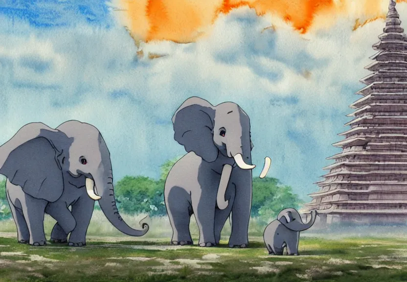 Image similar to a hyperrealist watercolor concept art from a studio ghibli film showing a giant grey dumbo the elephant. a temple is under construction in the background in india on a misty and starry night. by studio ghibli. very dull muted colors