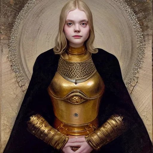 Image similar to Elle Fanning in a gold armor, religious masterpiece portrait, oil on canvas, occult night, in the world of Andrew Wyeth and Dark Souls, artstation, by J. C. Leyendecker and Peter Paul Rubens,