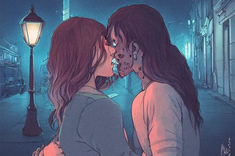 Image similar to a zombie couple kissing under a street lamp in Buenos aires at night, dark blue long hair, muted colors, matte print, pastel colors, ornate, digital art, cute smile, digital painting, fan art, elegant, pixiv, by Ilya Kuvshinov, by Studio Ghibli