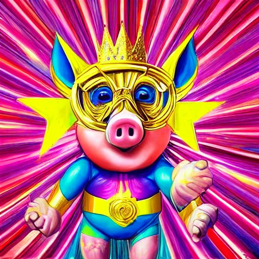 Image similar to lisa frank superhero pose pig wearing a gold crown holding 3d rectangles painting by android jones