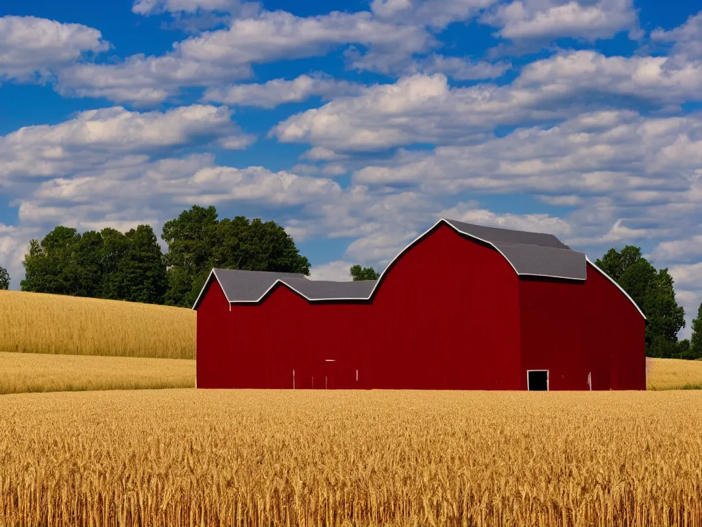 Image similar to An isolated red barn next to a wheat crop at noon. Wide angle shot, surreal.