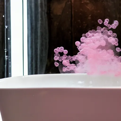 Image similar to marilyn manson taking a bubble bath, rubber ducky on the ledge of the bathtub, pink bubbles floating in the air, farmhouse style bathroom, 4 k,