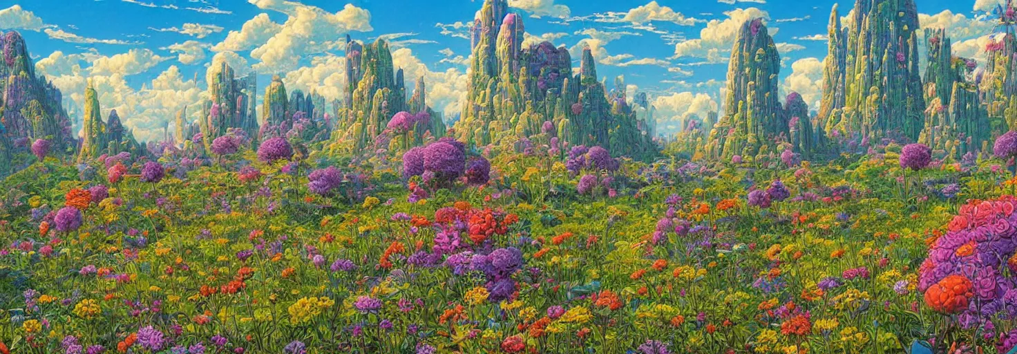 Image similar to beautiful landscape mural of the lush meadow of monoliths, vivid colors, intricate, highly detailed, masterful, fantasy world, sci fi world, in the style of moebius, akira toriyama, jean giraud