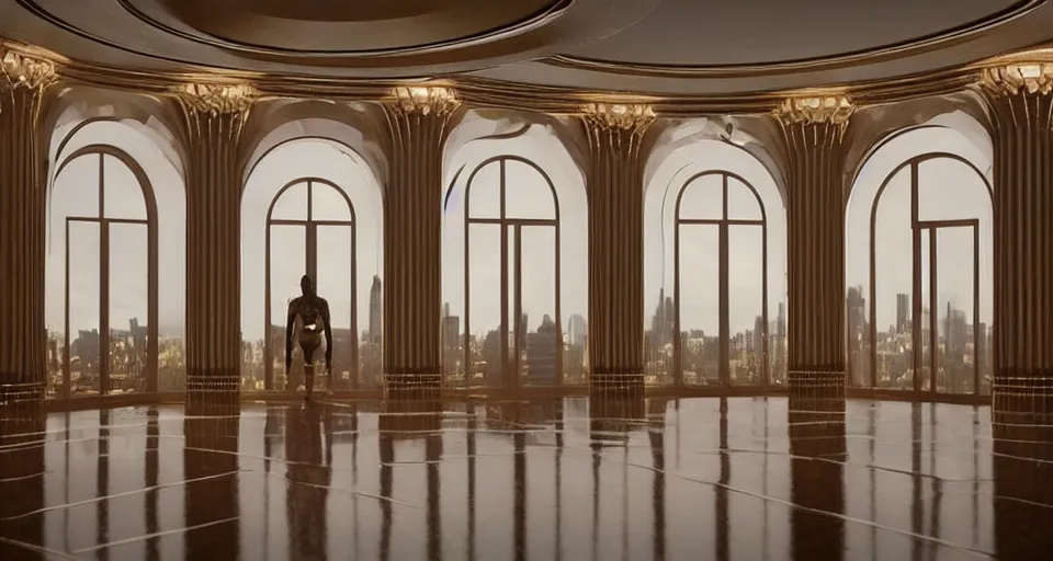 Prompt: an incredibly beautiful scene from a 2 0 2 2 marvel film featuring an art deco palace during a hurricane. recessed lights. large windows. lightning. uhd.