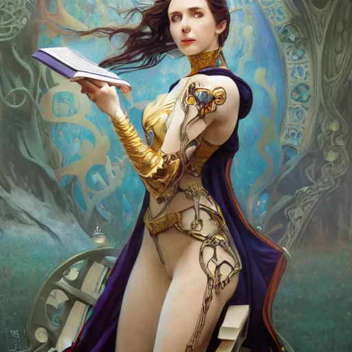 Image similar to Sallya from fire Emblem with skull and books drawn by Donato Giancola and Tom Bagshaw, face by Artgerm, overall design by Alphonse Mucha, background by James Jean and Gustav Klimt, light by Julie Bell, 4k, porcelain skin, komorebi, french nouveau, trending on artstation, octane render, hyperrealistic