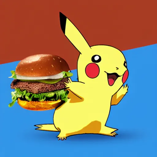 Prompt: Pikachu eating a burger