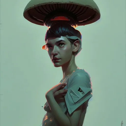 Image similar to portrait of the mushroom goddess by atey ghailan, by greg rutkowski, by simon stalenhag, by greg tocchini, by james gilleard, by joe fenton, by kaethe butcher dynamic lighting, gradient light blue, brown, blonde cream and white color scheme, grunge aesthetic