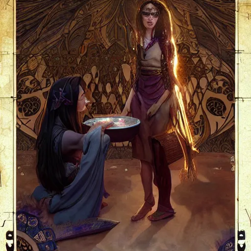 Prompt: a mesopotamian witch and her daughter buying and selling monster parts D&D, highly detailed, digital painting, artstation, concept art, sharp focus, illustration, cinematic lighting, art by artgerm and greg rutkowski and alphonse mucha