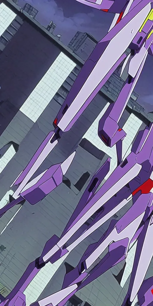 Image similar to evangelion unit 0 1, zoom shot, telephoto lens, low aperture street level, buildings collapsed