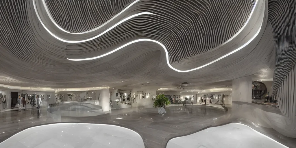 Image similar to extremely detailed stunning beautiful futuristic smooth curvilinear museum lobby interior