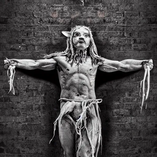 Image similar to a highly detailed realistic photographic render crucified swine god, humanoid pig, bloody christ with the head of a pig, dead souls, religious sculpture, creepy, horror, horror scene, cinematic horror, creepy horror, scary scene, cinematic lighting, cinematic scene, Volumetric lighting, Atmospheric scene, Dark, Horror, Atmospheric lighting, Global illumination, realistic, photo realism, hyper realistic, hyper realism, photo realisitc, cinematic render, film, beautifully lit, ray traced, octane 3D render, octane render, unreal engine