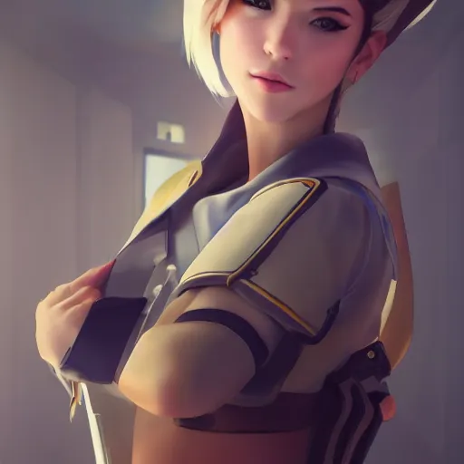 Image similar to a masterpiece portrait photo of a beautiful young woman who looks like a mercy from overwatch, random background scene