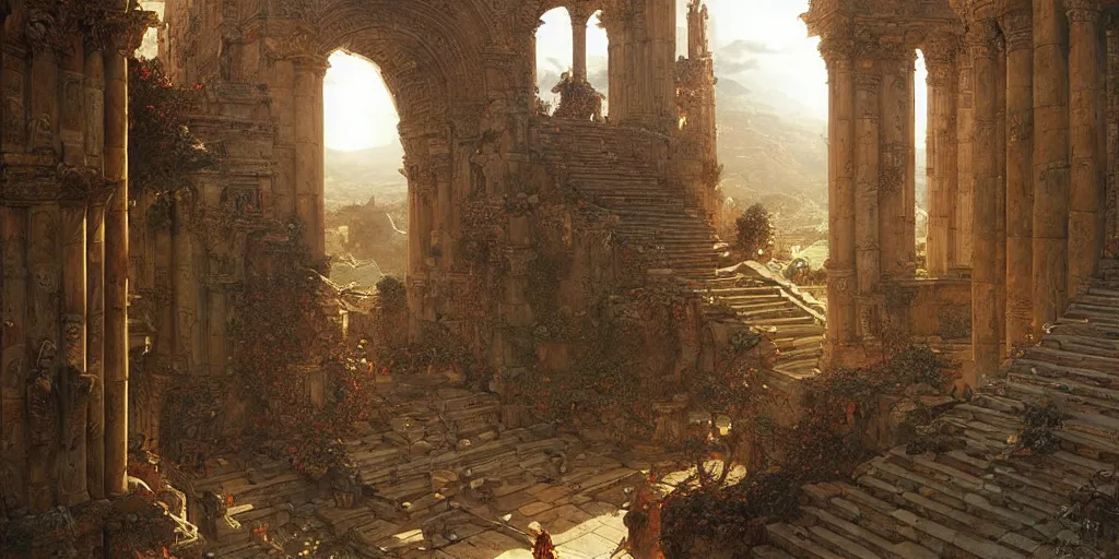 Prompt: tons of people jumping off of a huge biblical tower, golden ratio composition, sense of awe, art by ferdinand knab, greg rutkowski, john william waterhouse, religious, sunlight, highly detailed, intricate details