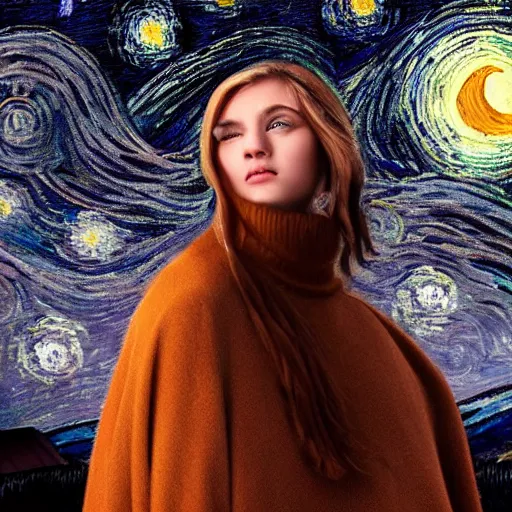 Image similar to most beautiful young face Gaelic woman walking under starry night, extremely detailed faces, photorealistic, cinematic