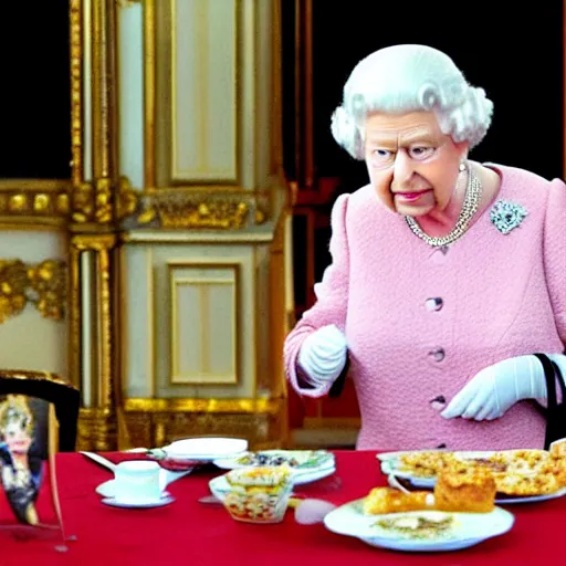 Prompt: Queen Elizabeth II eating breakfast at a hotel buffet, intricate illustration, highly detailed, ultrarealistic