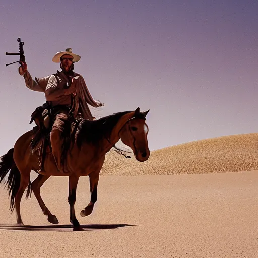 Prompt: gunslinger riding across the desert on a horse